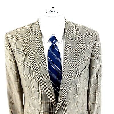 #ad Brooks Brothers Silk Wool 3 Button Sport Coat 42R OR Slim 44R Tan Gray Plaid $79.83