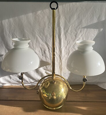 #ad #ad Hanging Vintage Brass Kerosene Or Electric Lamp With Two Milk Glass Globes $525.00