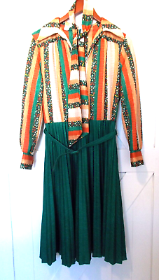 #ad VTG 1970#x27;s Belted Long Sleeve Dress Neck Scarf V Neck Pleated Skirt Women#x27;s $39.99