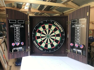 #ad Triumph Dart Board In Wood Cabinet Darts included Very Nice See PIcs $68.00