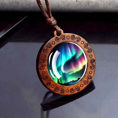 #ad Aurora Northern Light Glass Wood Pendant Necklace Men Women Unique Jewelry Gift $15.98