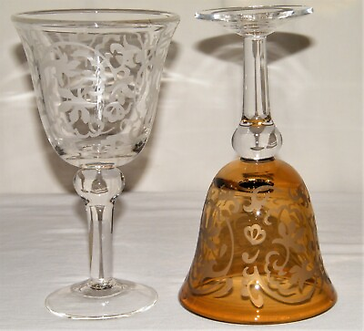 #ad Lovely Pair ETCHED AMBER amp; CLEAR GLASS GOBLETS 8quot; Tall EX $59.95