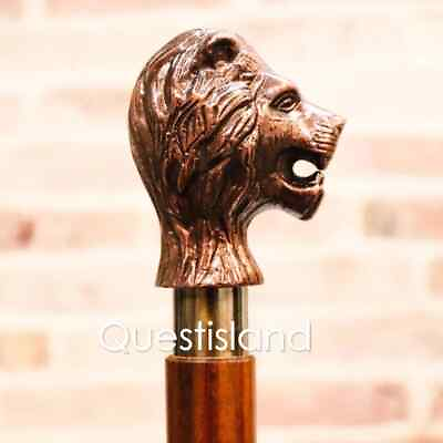 #ad Antique Victorian Lion Head Handle Wooden Walking Stick Cane $49.99