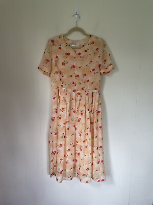 #ad Midi floral dress peach pinks short sleeved women’s size M L $19.00