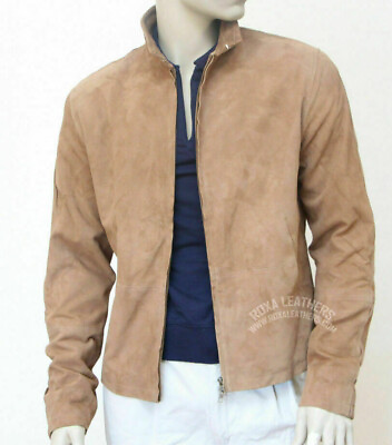 #ad Fashion Men#x27;s Tan Winter Warm 100% Genuine Suede Outwear Full Zip Leather Jacket $125.79