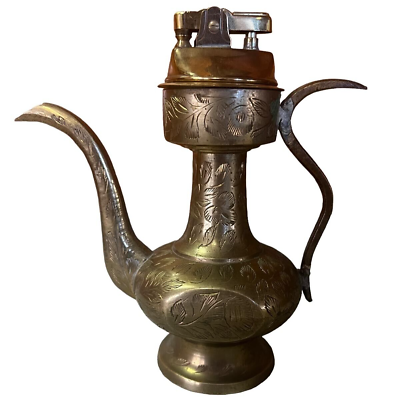 #ad Brass Genie Lamp Teapot Pitcher Lighter Made In India Tabletop Aladdin Lamp VTG $24.96
