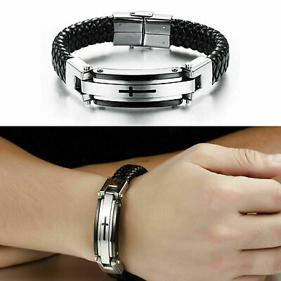 #ad Men#x27;s Stainless Steel Cross Black Braided Wristband Leather Cuff Bracelet Gift $12.49