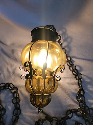 #ad Vintage Venetian Caged Blown Glass Hanging Light Fixture Swag Lamp Amber $120.00