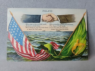 #ad Shaking Hands 1906 Ireland USA flags patriotic ocean ships postcard $5.99