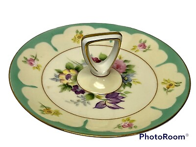 #ad VTG Shabby Chic Cottage Floral Round w Handle Tid Bit Serving Tray Decor Japan $25.46