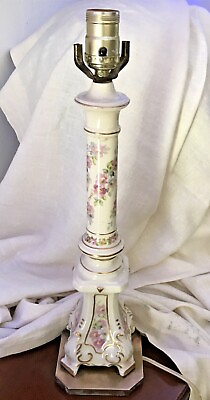 #ad Vintage Table Lamp Ceramic Floral Gold Trim 18quot; Tall Brass Base $39.59