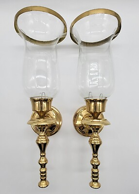 #ad VINTAGE PAIR SOLID BRASS GLASS HURRICANE WALL SCONCE CANDLE HOLDERS 15quot; $95.00