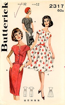 #ad Butterick 2317 Full Skirted Party Dress or Slim Dress w Pocket Panel Sz 12 CUT $14.95