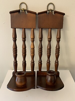 #ad Set Wooden Hanging Candle Sconces Spindles Early American Colonial Vintage $15.26