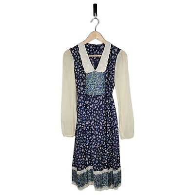 #ad Vtg Union Made Size 3 Prairie Dress Cottagecore Gunne Sax Style Blue Lace Flaw $65.99