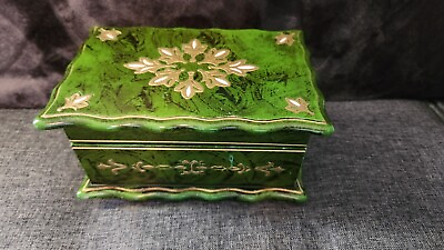 #ad Vintage Elven Green And Gold Musical Jewelry Box Wooden With Fabric Interior $25.00