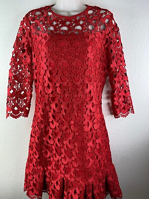 #ad Anne Fontaine Surya Red Floral Lace Ruffle Flounce Hem 3 4 Sleeve Dress Sz 40 $150.00
