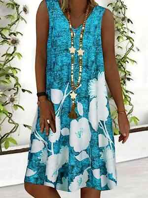 #ad Floral Print Sleeveless Dress Vintage V Neck Knee Length $13.00