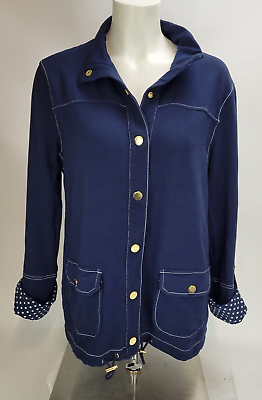 #ad Jones New York Navy Blue Soft Jacket Polka Dot Roll Tab Sleeves Womens Large $15.76