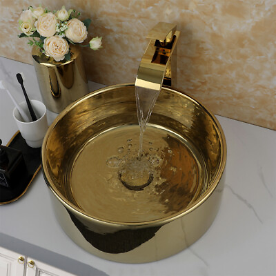 #ad US Vessel Bathroom Ceramic Basin Sinks Above Deck Mounted Lavatory Gold set $148.00