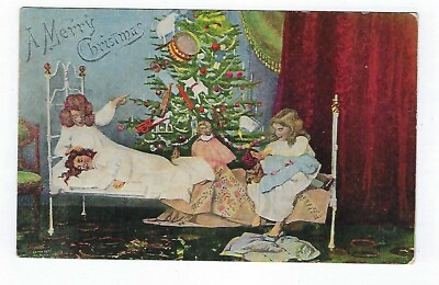 #ad Early 1900#x27;s Christmas Postcard ILL. Postcard Co. 3 Girls at Bed Time Used $12.99