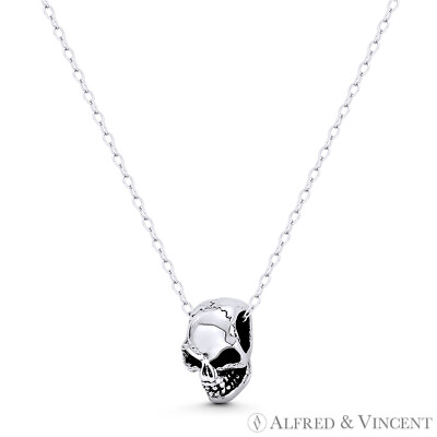 #ad Skull Skeleton Head 3D Halloween Charm Oxidized 925 Sterling Silver 12mm Pendant $19.19