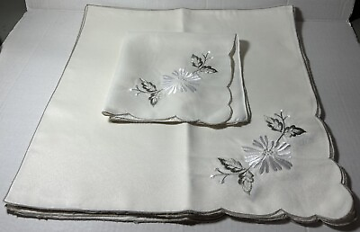 #ad 8 Vintage eggshell Linen Diner Napkins Embroidered 17quot;x17quot; scallop finish new $24.99