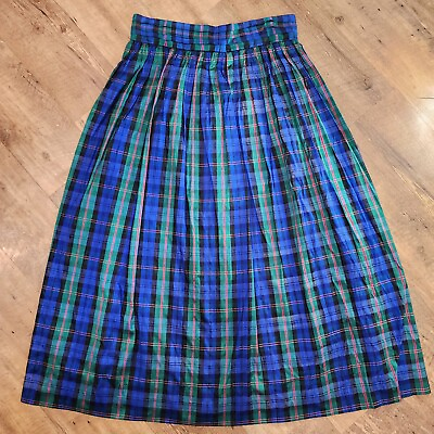 #ad Susan Bristol Womens Skirt 100% Silk Plaid Midi Vtg Tartan Blue Green 30quot; Waist $29.99