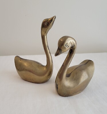 #ad Vtg Pair of Mid Century MCM Solid Brass Swan Figurines Boho Birds Gold Patina $16.00