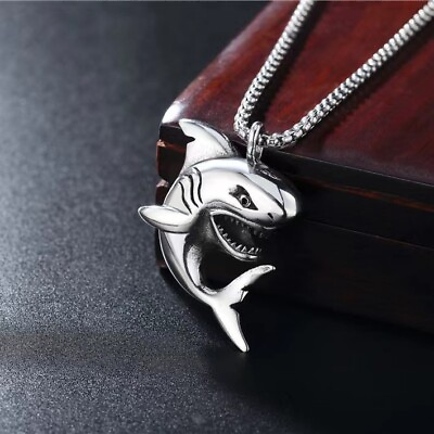 #ad Mens Shark Pendant Animal Necklace Punk Biker Jewelry Stainless Steel Chain 24quot; $11.99