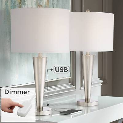 #ad Geoff Modern Table Lamps 26quot; High Set of 2 Nickel USB Port and Dimmers Bedroom $175.97
