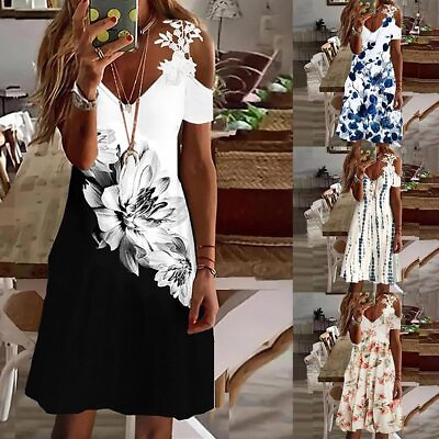 #ad Plus Size Ladies Sundress Dress Dresses Cold Shoulder Floral Beach Swing Holiday $22.09