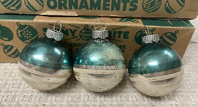 #ad Vintage 3 Small Shiny Brite Glass Christmas Tree Ornaments Teal Green Striped $24.00