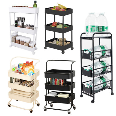 #ad 3 4 Tier Rolling Cart Sturdy Storage Cabinet Basket Holders Shelf Storage Rack $23.99