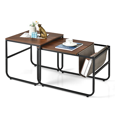 #ad Nesting Coffee Table Set of 2 Industrial Stackable Side Table w Magazine Holder $59.98
