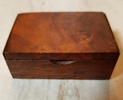 #ad Vintage Tiny Wood amp; Brass Box Exotic Burl Wood Trinket Small Stash Box NICE $11.95