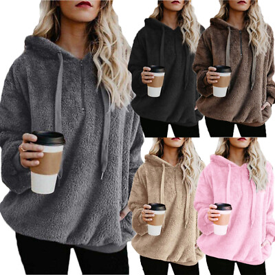 #ad Womens Warm Winter Fluffy Fur Sweatshirt Hoodie Jumper Hooded Plus Size Pullover $18.43