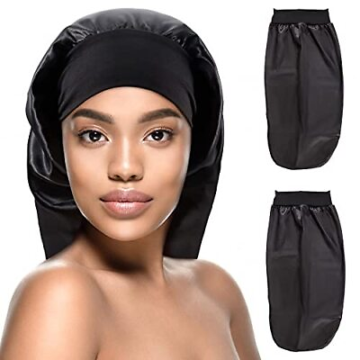 #ad Black Satin Night Sleeping Cap For Long Hair Wrap Bonnet Hat Hair Care 2 Pack $17.50