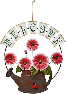 #ad Metal Flower Garden Welcome Sign Ladybug Decor Hanging Daisy Flower Wall Sign $29.99