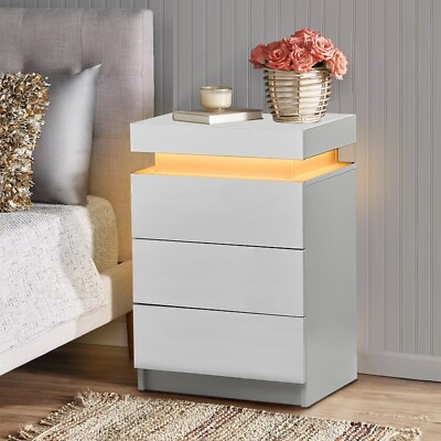 #ad White Nightstand LED Light Bedside Table Cabinet 3 Drawer Bedroom High Gloss $75.99