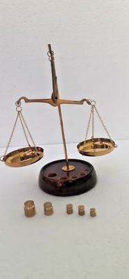 #ad Antique Small Brass Weight Scale With Wooden Base Weighing Scale Handicraft NEW $29.90