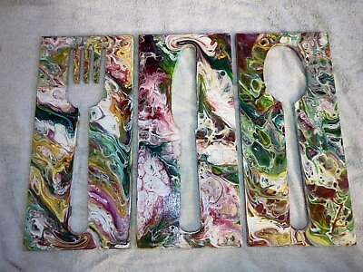#ad Wooden Handmade Painted Kitchen Cutlery Wall Art Decor Knife Spoon Fork Set OOAK $50.00