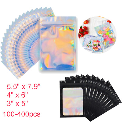 #ad 400 pcs Holographic Mylar Foil Bags Smell Proof Resealable Zip Lock Pouch Black $37.20