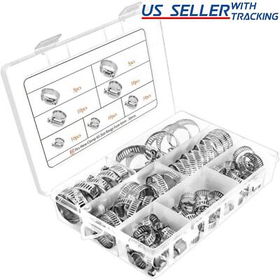 #ad 60pcs Adjustable Hose Clamps Worm Gear Stainless Steel Clamp Assortment 7 Sizes $13.91