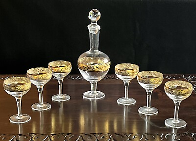 #ad 1980#x27;s Gold Trim Cordial Decanter Set w 6 Glasses Made in Italy Vintage IOB $44.99