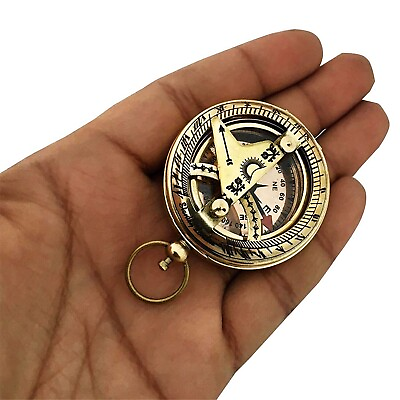 #ad Brass Sundial Compass Polished Push Button Lid Collectible $35.29