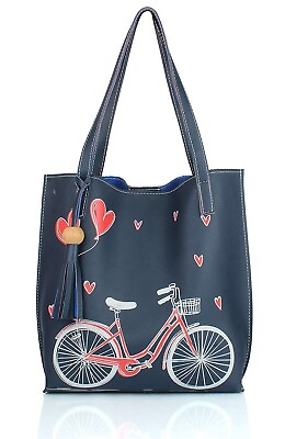 #ad New Women#x27;s Pu Material Tote Bag For Girls Stylish Handbag Cycle Print Blue $58.96