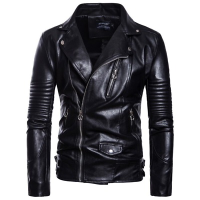 #ad Mens Biker Pu Leather Jacket Motorcycle Long Sleeve Slim Fit Lapel Zipper Casual $75.96
