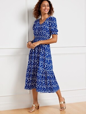 #ad NEW Talbots Stretch Crepe Smocked Midi Dress Womens Size 16 Blue Shadow Paisley $64.99