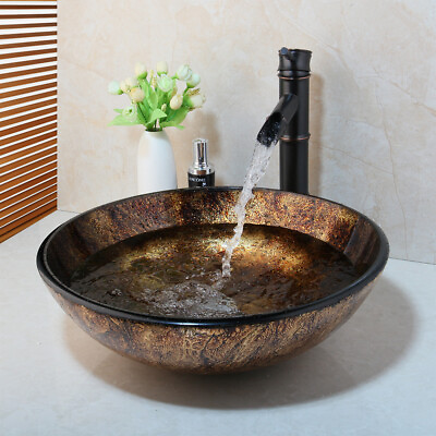#ad Bathroom Tempered Glass Vessel Sink Round Bowl Waterfall Spout Mixer Faucet Tap $189.40